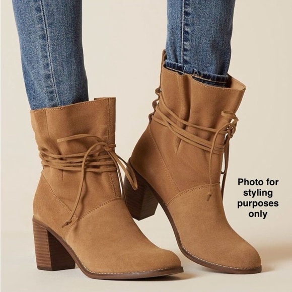Suede CamelTan Slouchy Shaft Booties Western Coastal Cowgirl Piratecore Motoboho - Picture 1 of 11